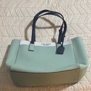 kate spade mint tote with navy straps and white trim